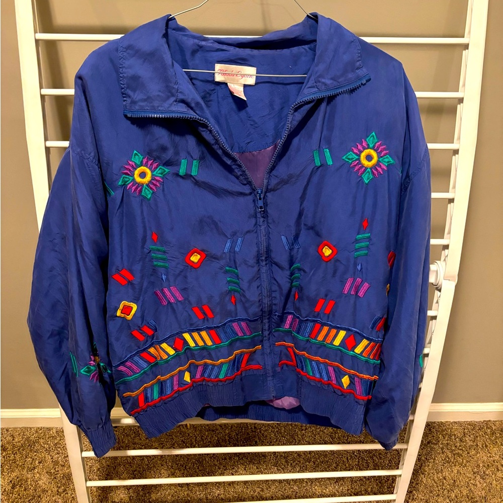 Vintage 90s Rhoda Lynn Silk Bomber Jacket Embroidered Bright Geometric Pattern L